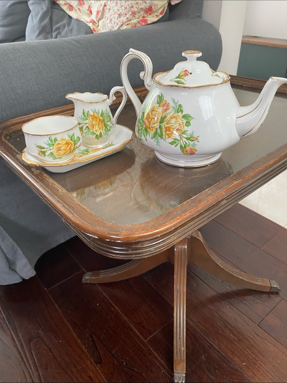 Royal Albert Yellow Tea Rose Teapot Creamer Sugar Bowl Plate Set